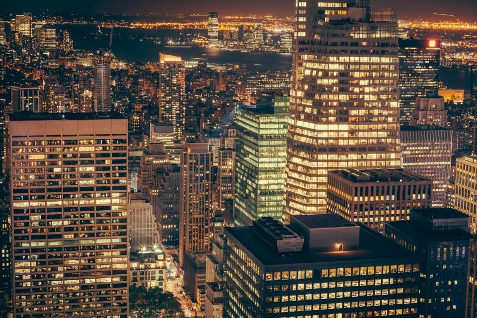 The city skyline at dusk